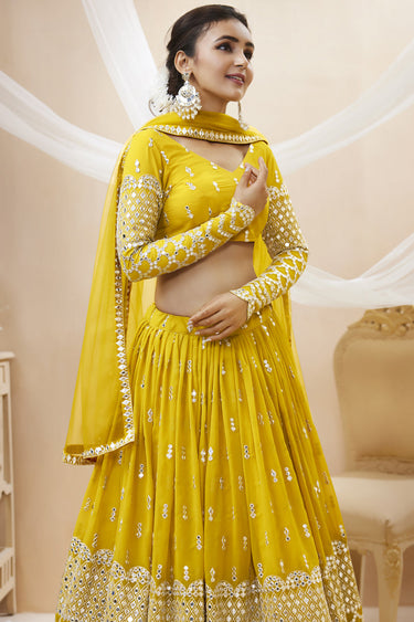 Embellished Embroidered Work On Yellow Color Georgette Fabric Lehenga Choli