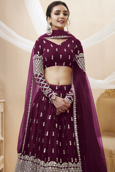Awesome Embroidered Work On Georgette Fabric Wine Color Lehenga Choli