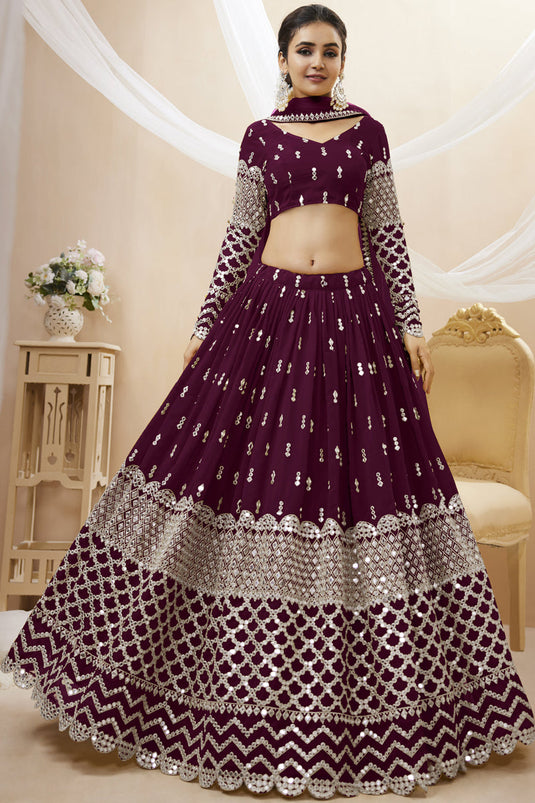 Awesome Embroidered Work On Georgette Fabric Wine Color Lehenga Choli