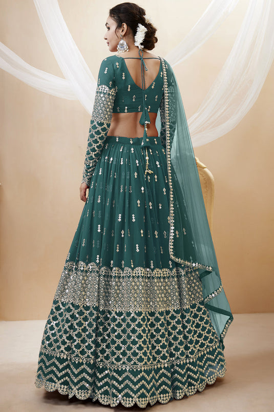 Engaging Teal Color Georgette Fabric Embroidered Work Lehenga Choli