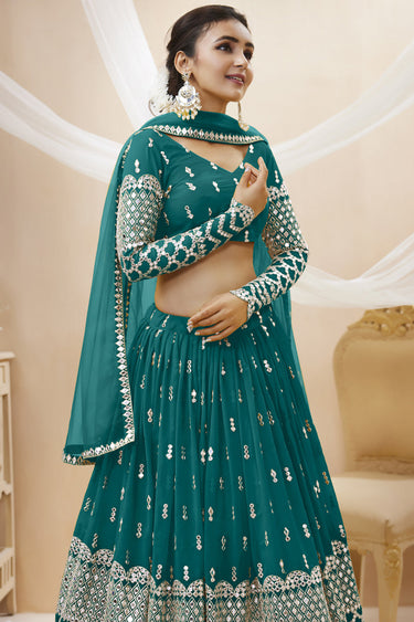 Engaging Teal Color Georgette Fabric Embroidered Work Lehenga Choli