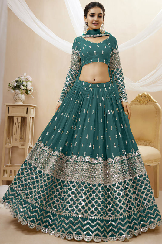 Engaging Teal Color Georgette Fabric Embroidered Work Lehenga Choli