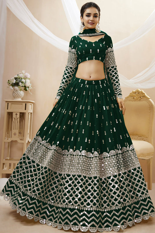 Embroidered Dark Green Color Wedding Wear Fancy Lehenga Choli In Georgette Fabric