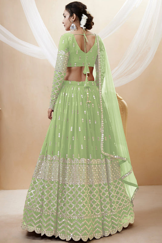 Engaging Sea Green Color Georgette Fabric Embroidered Work Wedding Wear Lehenga Choli