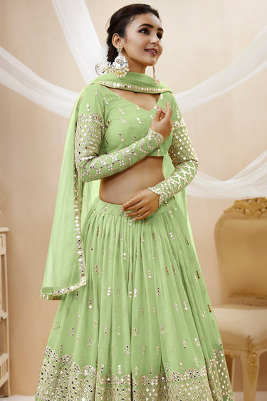 Engaging Sea Green Color Georgette Fabric Embroidered Work Wedding Wear Lehenga Choli