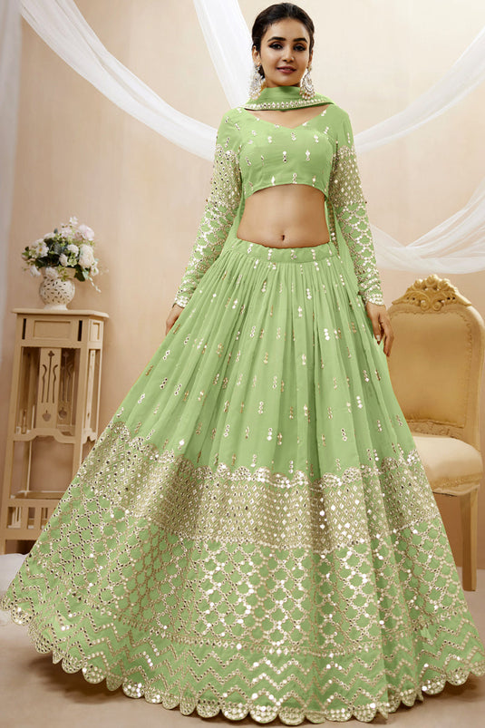 Engaging Sea Green Color Georgette Fabric Embroidered Work Wedding Wear Lehenga Choli