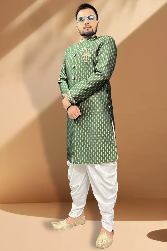 Jacquard Fabric Green Color Wedding Wear Readymade Men Stylish Peshawari Style Indo Western