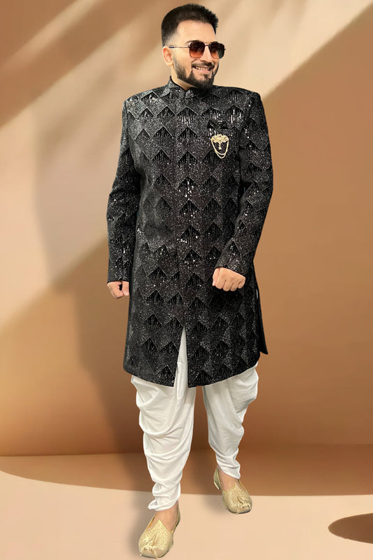 Black Gorgeous Silk Fabric Wedding Wear Readymade Peshawari Style Indo Western For Men