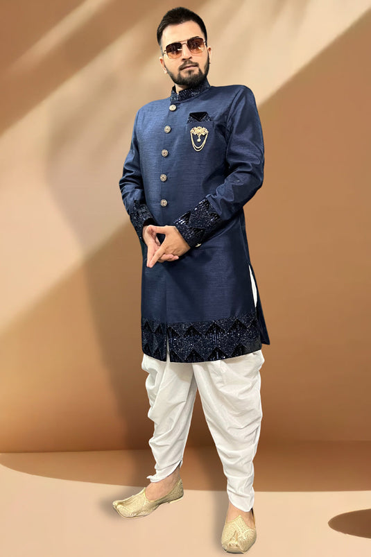 Velvet Stunning Navy Blue Color Wedding Wear Readymade Men Peshawari Style Indo Western