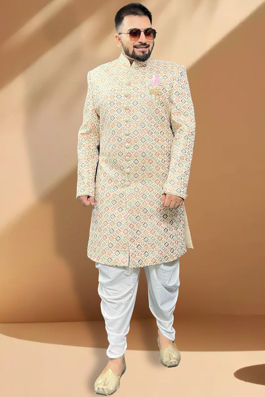 Cream Silk Fabric Magnificent Readymade Men Peshawari Style Indo Western For Wedding Wear