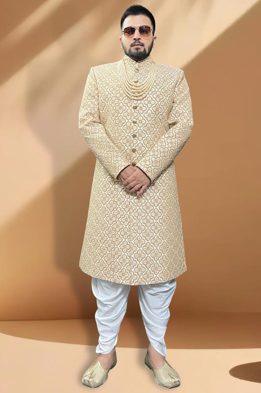 Cream Color Wedding Wear Silk Fabric Designer Readymade Peshawari Style Indo Western For Men