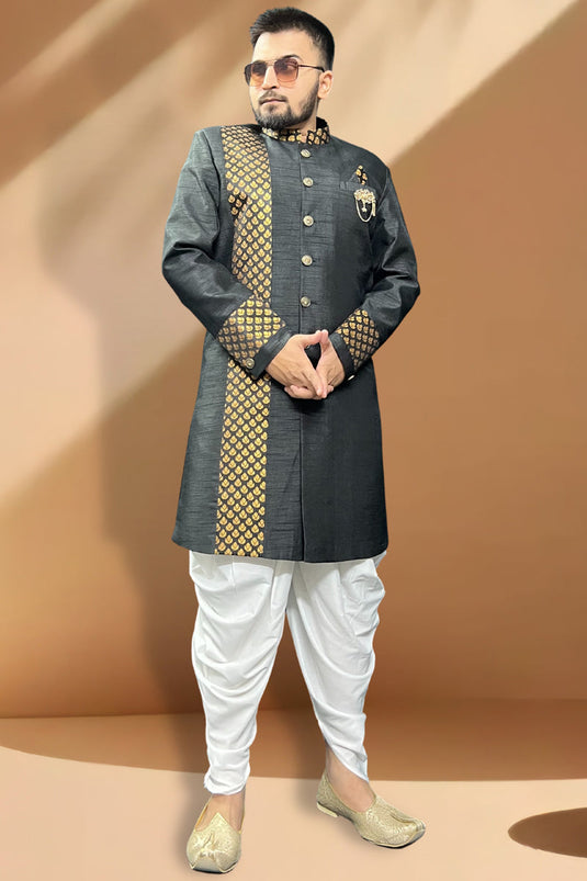 Silk Fabric Designer Wedding Wear Readymade Peshawari Style Indo Western For Men In Black Color