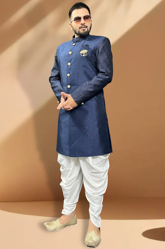 Navy Blue Color Silk Fabric Wedding Wear Readymade Peshawari Style Indo Western For Men