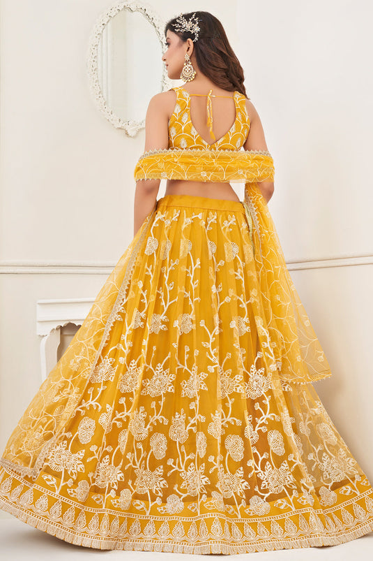 Yellow Color Embroidered Work On Net Fabric Beatific Lehenga Choli