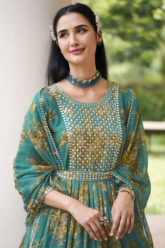 Georgette Fabric Cyan Color Festive Wear Printed Readymade Anarkali Salwar Kameez