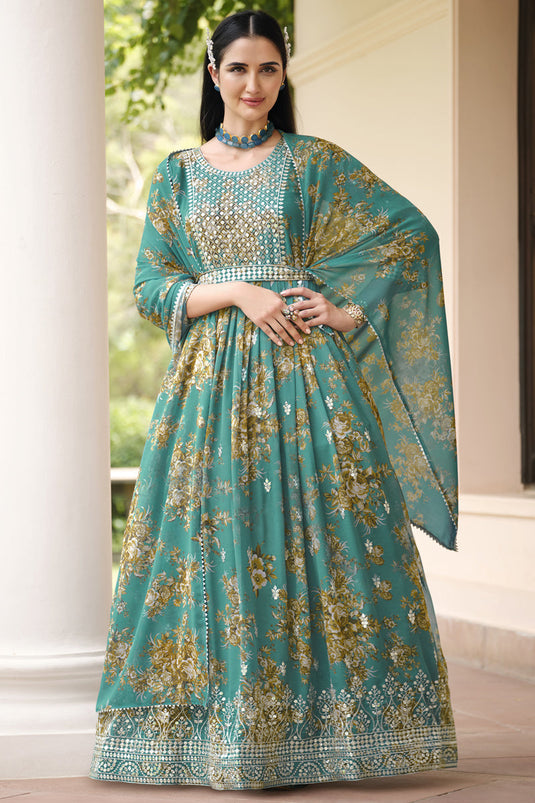 Georgette Fabric Cyan Color Festive Wear Printed Readymade Anarkali Salwar Kameez