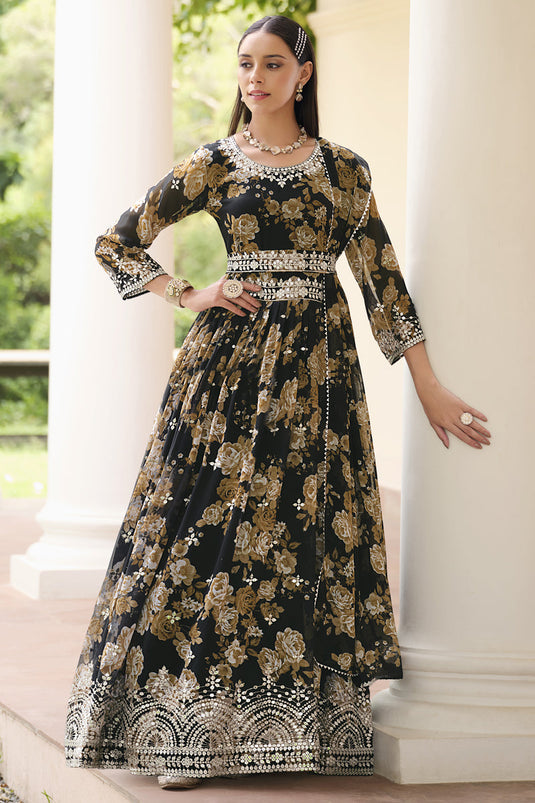 Black Color Party Wear Printed Readymade Anarkali Dress In Georgette Fabric