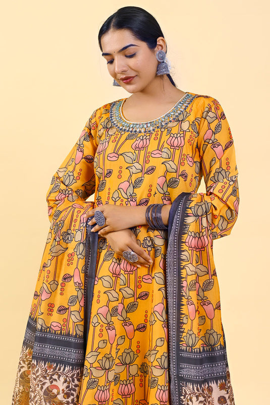 Art Silk Mustard Color kalamkari Printed Stunning Gown With Dupatta