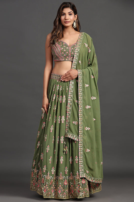 Incredible Sequins Work On Georgette Fabric Green Color Function Wear Readymade Lehenga
