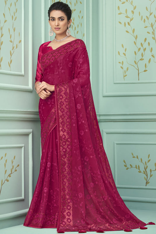 Chiffon Fabric Sangeet Wear Magenta Color Sequins Work Saree