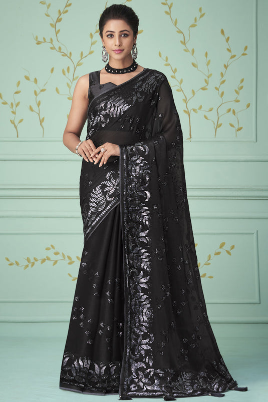 Black Color Reception Wear Chiffon Fabric Sequins Work Saree