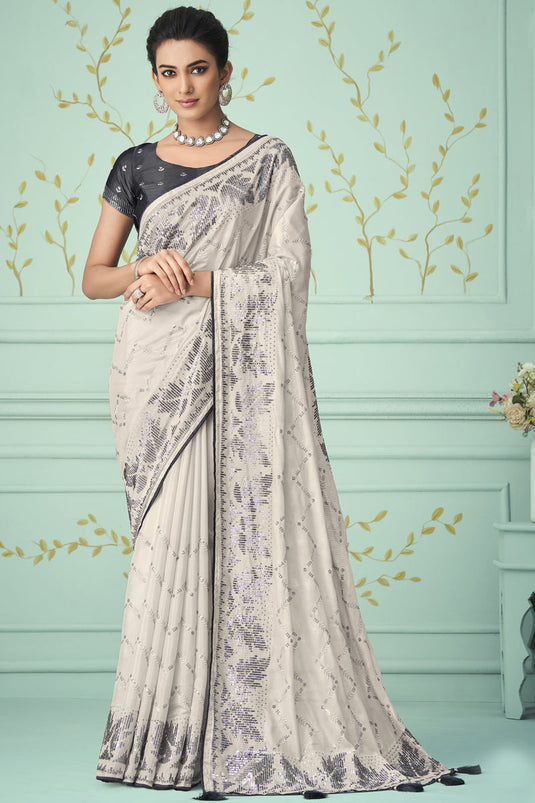 Sangeet Wear Chiffon Fabric Off White Color Sequins Work Saree