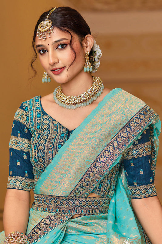 Turquoise Color Dola Silk Fabric Reception Wear Weaving Work Saree
