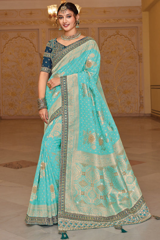 Turquoise Color Dola Silk Fabric Reception Wear Weaving Work Saree