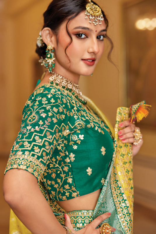 Yellow Color Dola Silk Fabric Sangeet Wear Weaving Work Saree