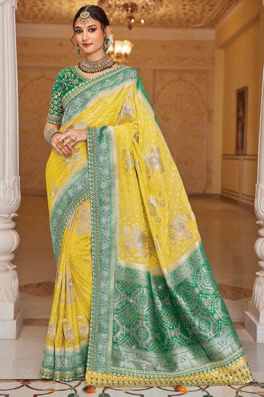 Yellow Color Dola Silk Fabric Sangeet Wear Weaving Work Saree
