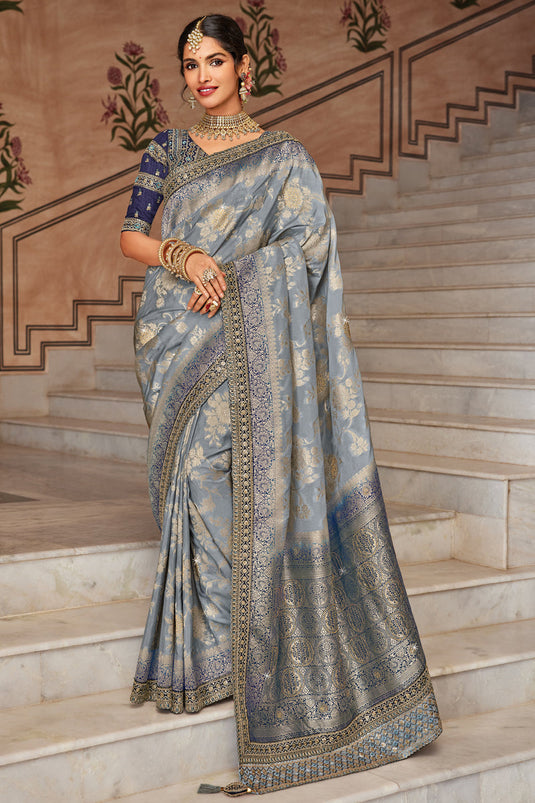 Grey Color Dola Silk Fabric Weaving Work Festive Wear Fancy Saree