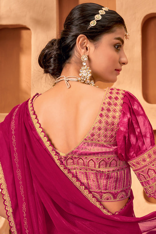 Wedding Wear Chiffon Fabric Magenta Color Border Work Saree