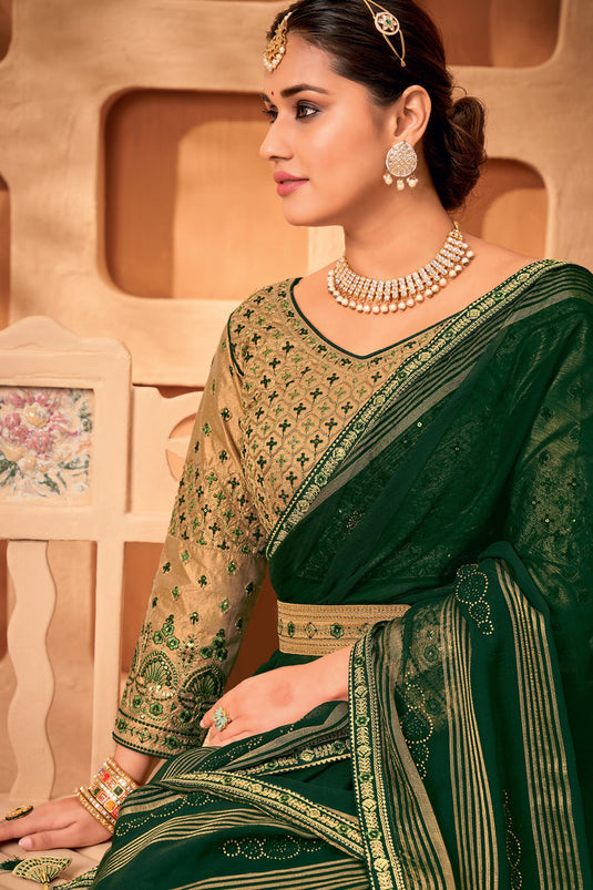 Wedding Wear Dark Green Color Border Work Saree In Chiffon Fabric