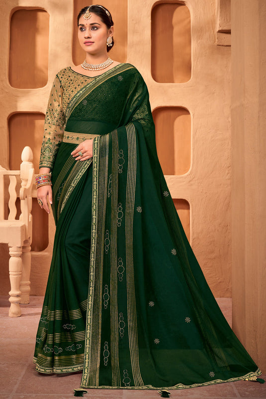 Wedding Wear Dark Green Color Border Work Saree In Chiffon Fabric