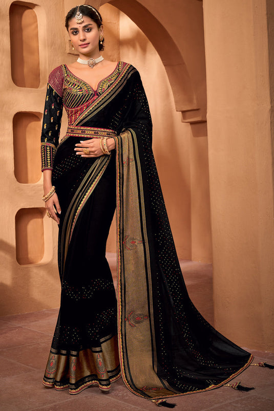 Sangeet Wear Black Color Chiffon Fabric Border Work Saree