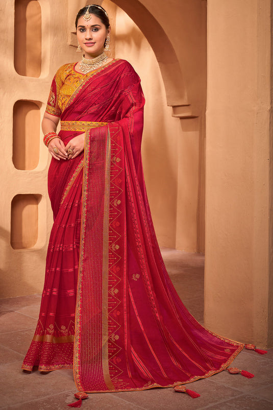 Designer Border Work Chiffon Fabric Rani Color Sangeet Wear Saree