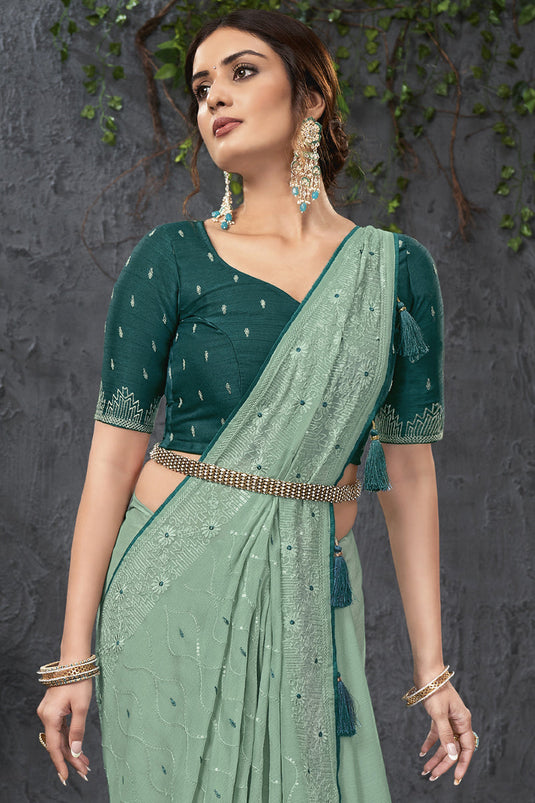 Wedding Wear Chiffon Fabric Embroidered Saree In Sea Green Color