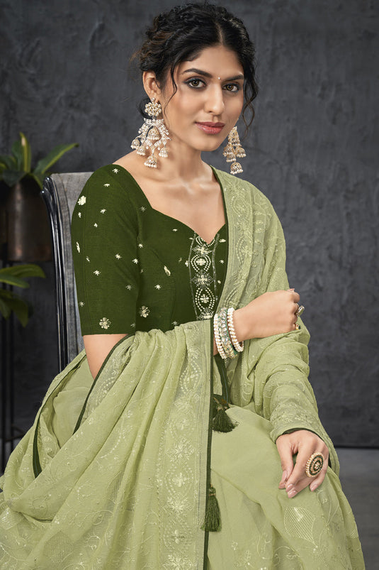 Wedding Wear Chiffon Fabric Green Color Embroidered Saree