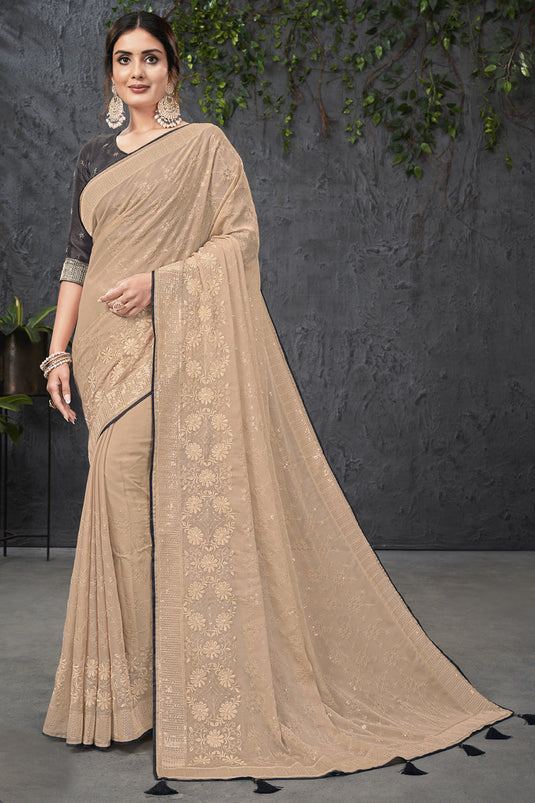 Wedding Wear Chikoo Color Embroidered Saree In Chiffon Fabric