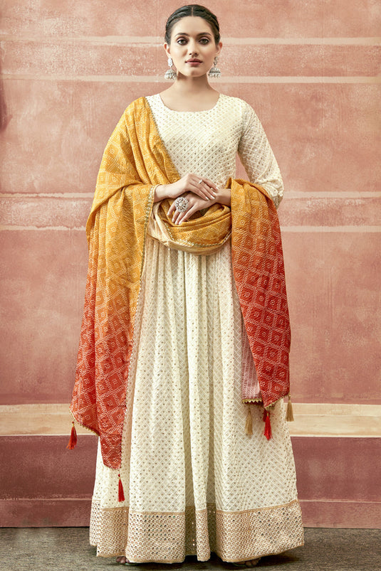 Beige Color Georgette Fabric Fancy Function Wear Readymade Anarkali Salwar Suit With Bandhani Print Dupatta