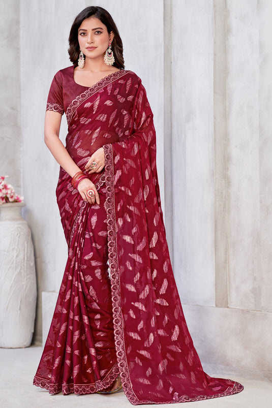 Georgette Fabric Red Color Weaving Work Festive Wear Trendy Saree