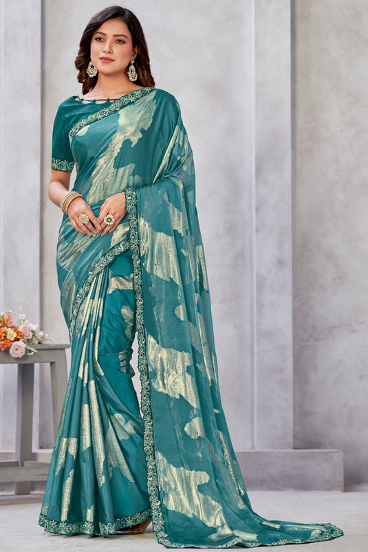 Georgette Fabric Wedding Wear Cyan Color Fancy Weaving Work Saree