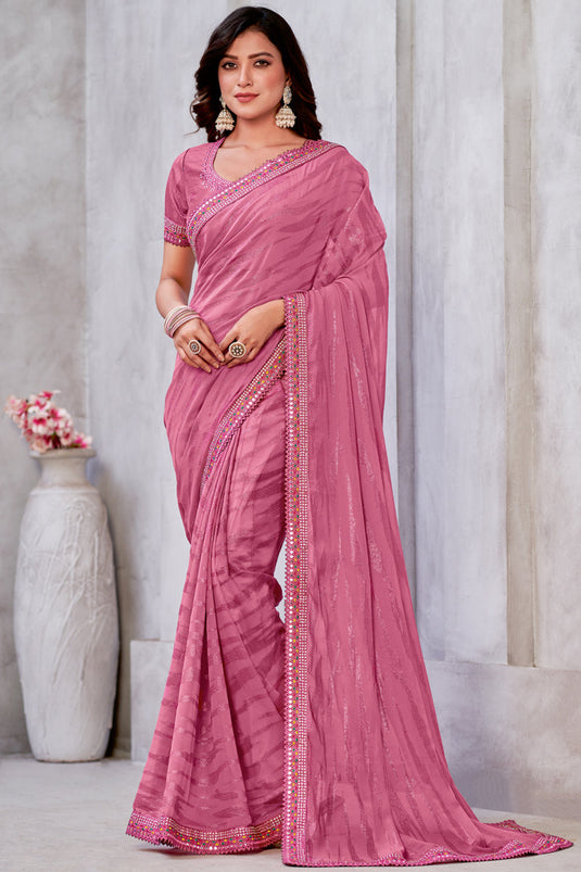 Pink Color Reception Wear Trendy Weaving Work Saree In Georgette Fabric