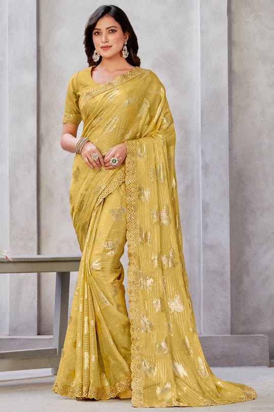 Georgette Fabric Weaving Work Mustard Color Sangeet Wear Trendy Saree