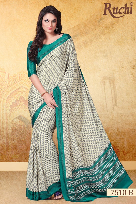 Beige Color Printed Daily Wear Crepe Fabric Uniform Saree With Blouse