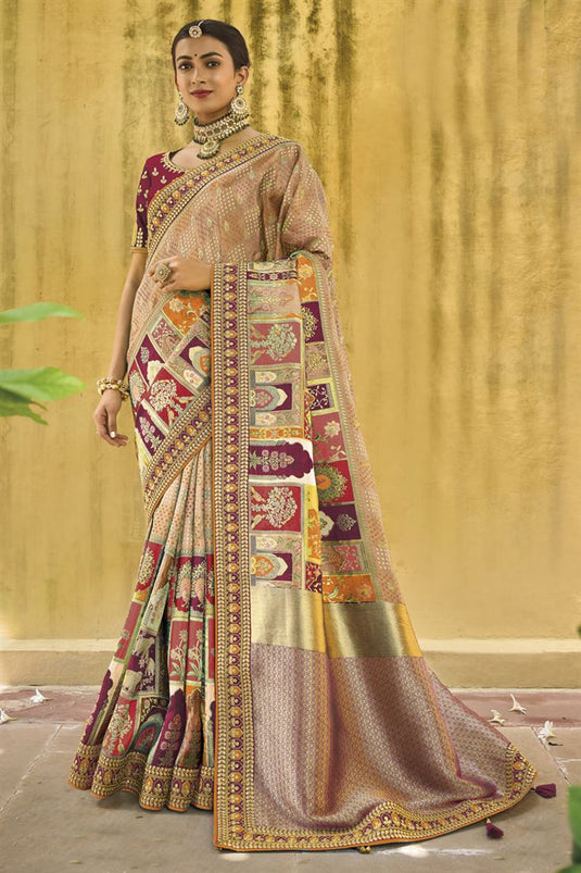 Beige Color Silk Fabric Wedding Wear Divine Saree