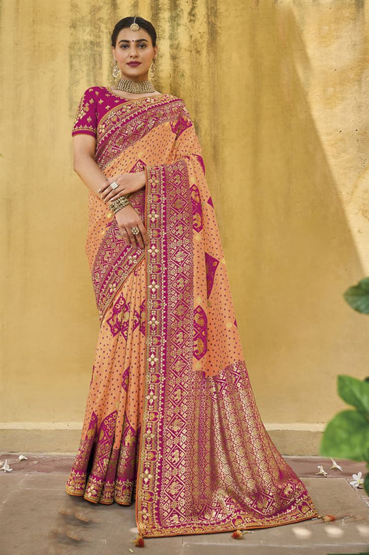 Silk Fabric Peach Color Wedding Wear Stylish Saree
