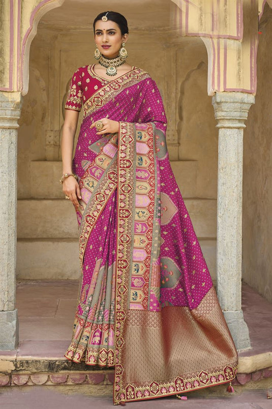 Silk Fabric Purple Color Wedding Wear Solid Saree