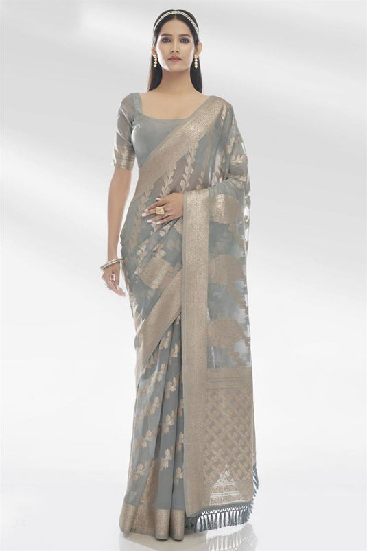 Grey Color Exquisite Weaving Work Saree In Organza Fabric