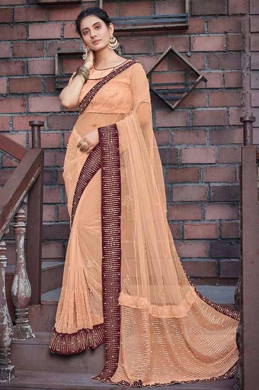 Peach Color Remarkable Embroidered Work On Net Fabric Festival Wear Saree